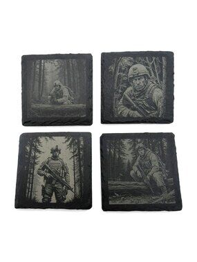 Military Soldier Coasters Set of 4 Square Engraved Gray Slate